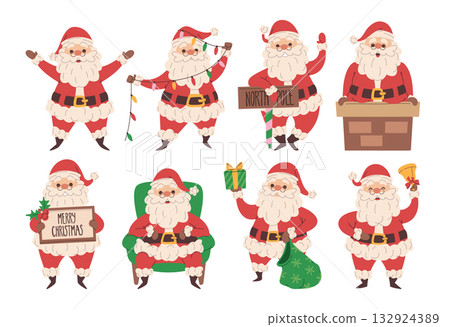 Christmas Santa Claus hand drawn winter holidays character different poses and festive activities Christmas Santa Claus hand drawn winter holidays character different poses and festive activities 132924389