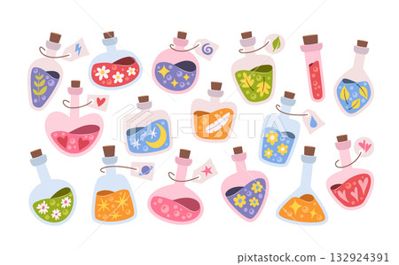 Colorful set of magic elixir and mystical potion bottles filled with shimmering, glowing liquids Colorful set of magic elixir and mystical potion bottles filled with shimmering, glowing liquids 132924391