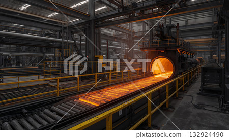 Industrial steel mill furnace with glowing hot metal and machinery 132924490