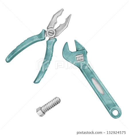 A set of colorful construction and repair tools. Toy pliers, a wrench, and a bolt for children. Watercolor cartoon illustration on a white background. A set of colorful construction and repair tools. Toy pliers, a wrench, and a bolt for children. Watercolor cartoon illustration on a white background. 132924575