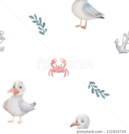 Whimsical kids nautical seamless pattern with friendly seagull, crab, anchor and green seaweed. Character watercolor illustration on white background. Cheerful design for children room decor, fabric Whimsical kids nautical seamless pattern with friendly seagull, crab, anchor and green seaweed. Character watercolor illustration on white background. Cheerful design for children room decor, fabric 132924730