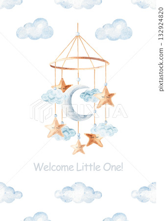 Watercolor baby shower invitation for a baby boy or girl. Newborn cradle Mobile with moon, clouds and stars. Gentle newborn template for welcome or birthday party Watercolor baby shower invitation for a baby boy or girl. Newborn cradle Mobile with moon, clouds and stars. Gentle newborn template for welcome or birthday party 132924820