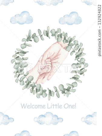 Watercolor baby shower invitation for a baby boy or girl with Mother and Newborn Baby Hands in eucalyptus wreath, and clouds. Gentle newborn template for welcome or birth party, conformation 132924822