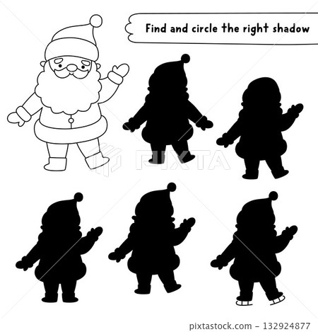 Christmas village black and white shadow matching activity with cute Santa Claus. Winter holiday line puzzle. New Year find correct silhouette printable worksheet, game, coloring page Christmas village black and white shadow matching activity with cute Santa Claus. Winter holiday line puzzle. New Year find correct silhouette printable worksheet, game, coloring page 132924877