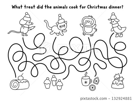 Christmas village black and white maze with cute animals cooking treats for dinner. Line labyrinth game with mouse, cat, goose, penguin. Winter holiday printable activity, worksheet, coloring page Christmas village black and white maze with cute animals cooking treats for dinner. Line labyrinth game with mouse, cat, goose, penguin. Winter holiday printable activity, worksheet, coloring page 132924881