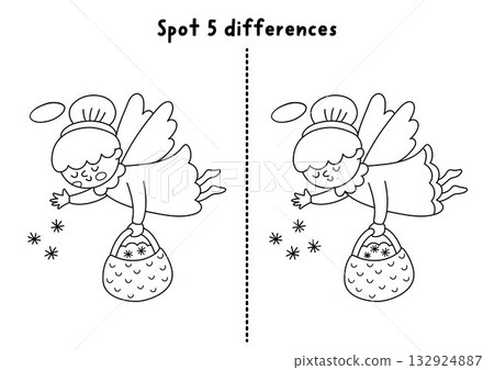 Christmas line find differences game. Winter holiday black and white educational activity with angel sprinkling snowflakes. Printable worksheet, coloring page for kids with New Year character Christmas line find differences game. Winter holiday black and white educational activity with angel sprinkling snowflakes. Printable worksheet, coloring page for kids with New Year character 132924887