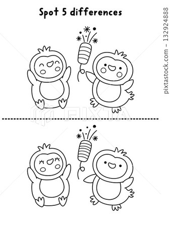 Christmas line find differences game for children. Winter holiday black and white educational activity with penguins. Printable worksheet, coloring page for kids with New Year character Christmas line find differences game for children. Winter holiday black and white educational activity with penguins. Printable worksheet, coloring page for kids with New Year character 132924888