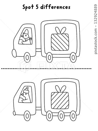 Christmas line find differences game. Winter holiday black and white educational activity with bird driving truck with present. Printable coloring page for kids with New Year character Christmas line find differences game. Winter holiday black and white educational activity with bird driving truck with present. Printable coloring page for kids with New Year character 132924889