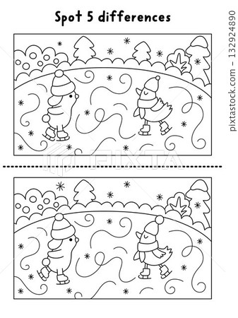 Christmas line find differences game. Winter holiday black and white activity with rabbit and bird skating on the rink. Printable worksheet, coloring page for kids with New Year character Christmas line find differences game. Winter holiday black and white activity with rabbit and bird skating on the rink. Printable worksheet, coloring page for kids with New Year character 132924890