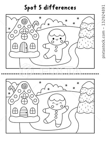 Christmas line find differences game. Winter holiday black and white activity with gingerbread scene. Printable worksheet, coloring page for kids with funny New Year character Christmas line find differences game. Winter holiday black and white activity with gingerbread scene. Printable worksheet, coloring page for kids with funny New Year character 132924891