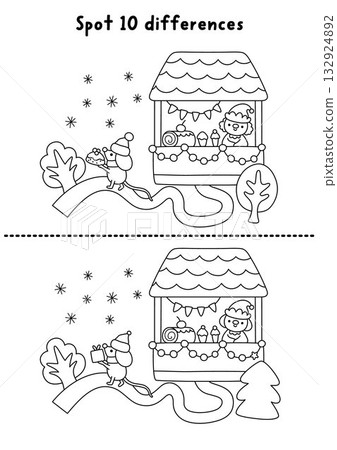 Christmas line find differences game. Winter holiday black and white activity with market stall, elf, selling pastry. Printable worksheet, coloring page for kids with New Year character 132924892
