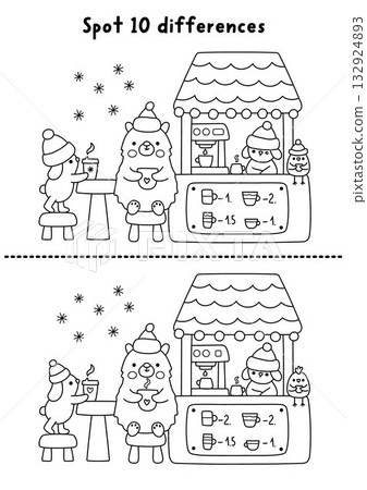 Christmas line find differences game. Winter holiday black and white activity with coffee shop stall, elf, selling pastry. Printable worksheet, coloring page for kids with New Year character Christmas line find differences game. Winter holiday black and white activity with coffee shop stall, elf, selling pastry. Printable worksheet, coloring page for kids with New Year character 132924893