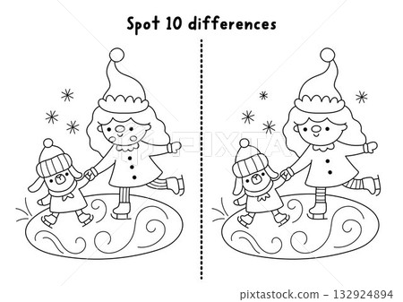 Christmas line find differences game. Winter holiday black and white activity with elf teaching puppy skate on the rink. Printable worksheet, coloring page for kids with New Year character 132924894