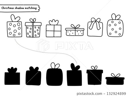 Christmas village black and white shadow matching activity with cute present boxes. Winter holiday line puzzle with gifts. New Year find correct silhouette printable worksheet, game, coloring page 132924899
