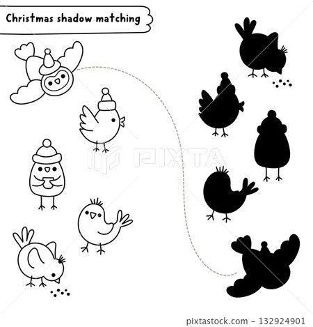 Christmas village black and white shadow matching activity with birds. Winter holiday line puzzle. New Year square find correct silhouette printable worksheet, game, coloring page 132924901