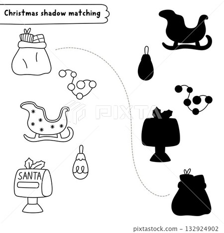 Christmas village black and white shadow matching activity with Santa Claus sack, sledge, mail box. Winter holiday line puzzle. New Year find correct silhouette worksheet, game, coloring page 132924902