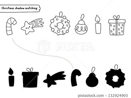 Christmas village black and white shadow matching activity with candy cane, star, wreath. Winter holiday line puzzle. New Year find correct silhouette worksheet, game, coloring page 132924903