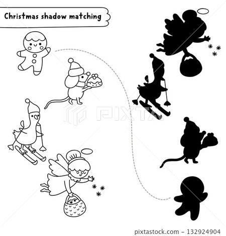 Christmas village black and white shadow matching activity with gingerbread man, angel, goose. Winter holiday line puzzle. New Year find correct silhouette printable worksheet, game, coloring page 132924904