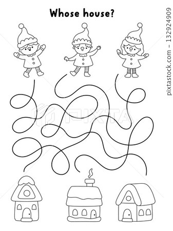 Christmas village black and white maze with elves and their houses. Line labyrinth game with dwarfs and homes. Winter holiday printable activity, worksheet, coloring page. Where the gnomes live Christmas village black and white maze with elves and their houses. Line labyrinth game with dwarfs and homes. Winter holiday printable activity, worksheet, coloring page. Where the gnomes live 132924909