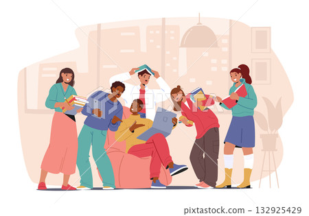 Creative students studying as team enjoying education fun and nice collaboration cartoon scene Creative students studying as team enjoying education fun and nice collaboration cartoon scene 132925429