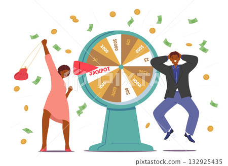 Happy excited people enjoying spin-to-win event playing lucky wheel celebrating gambling prize 132925435