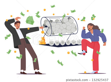 Happy man and woman cartoon character under money rain rejoicing winning in bingo balls lottery game 132925437