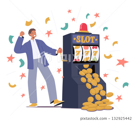 Man winner cartoon character playing slot machine casino games experiencing big money prize Man winner cartoon character playing slot machine casino games experiencing big money prize 132925442