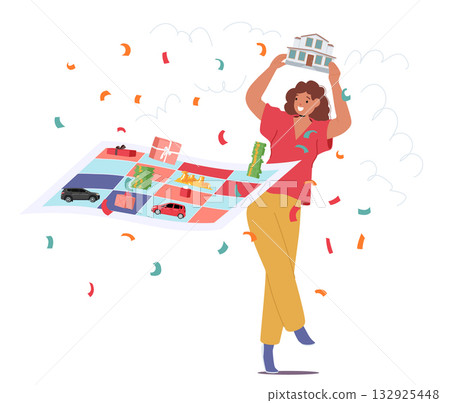 Happy woman cartoon character celebrating luck and victory after successful monopoly board game 132925448