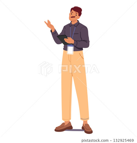 Friendly man trade show manager isolated cartoon character engaged in corporate event coordination Friendly man trade show manager isolated cartoon character engaged in corporate event coordination 132925469