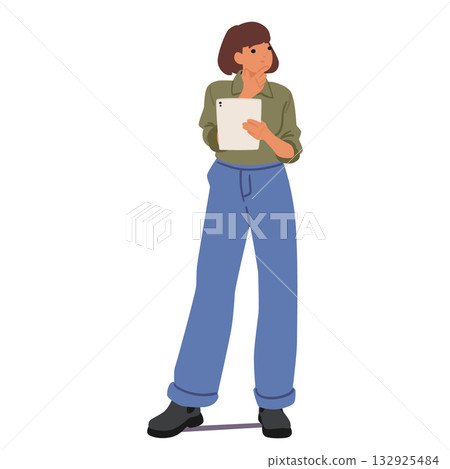 Pensive young casual businesswoman cartoon character thinking on task holding mobile tablet in hands Pensive young casual businesswoman cartoon character thinking on task holding mobile tablet in hands 132925484