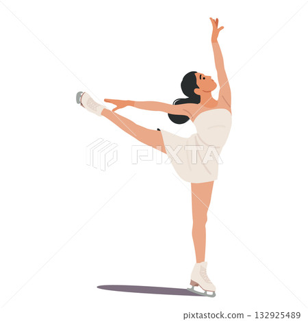Young female figure skater cartoon character moving on ice rink at competition isolated on white 132925489