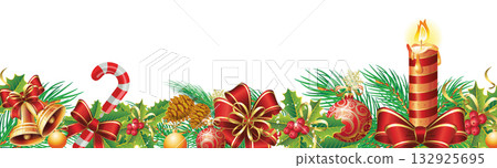 Christmas Border with Candle and Holiday Decorations Christmas Border with Candle and Holiday Decorations 132925695