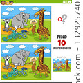 differences puzzle with funny cartoon wild animals group 132925740