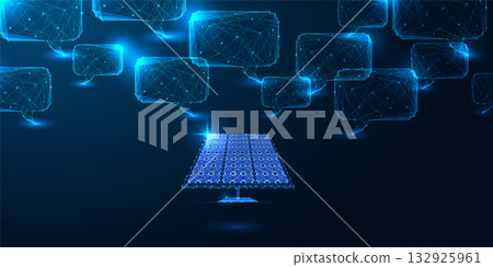 Renewable solar energy and smart AI communication concept with digital solar panel and chat icons Renewable solar energy and smart AI communication concept with digital solar panel and chat icons 132925961