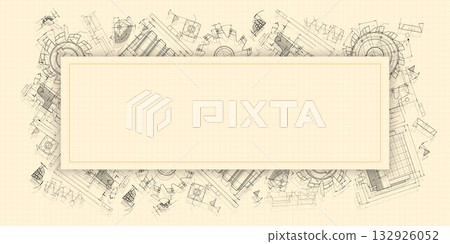 Mechanical engineering drawings on sepia background. Cutting tools, milling cutter. Technical Design. Cover. Blueprint. Horizontal seamless pattern. Vector illustration. Mechanical engineering drawings on sepia background. Cutting tools, milling cutter. Technical Design. Cover. Blueprint. Horizontal seamless pattern. Vector illustration. 132926052