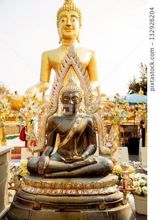 Symbols of Buddhism. South-Eastern Asia. Details of buddhist temple  132926204