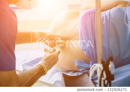 Epidural anesthesia injections. Prepare for surgery. Modern medical background 132926271