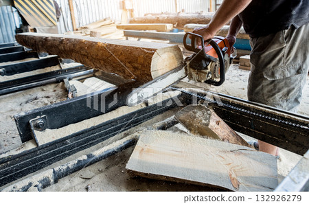 Woodcutter cutting tree with chainsaw on sawmill. Modern sawmill. Woodcutter cutting tree with chainsaw on sawmill. Modern sawmill. 132926279