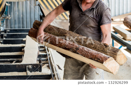 Modern sawmill. Industry sawing boards from logs 132926299