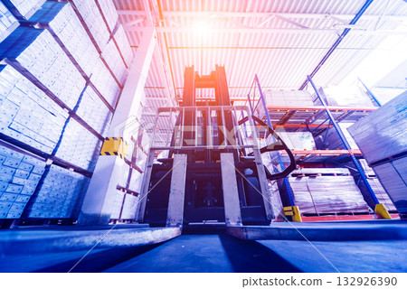 Forklift loader in storage warehouse ship yard. Distribution products. Forklift loader in storage warehouse ship yard. Distribution products. 132926390