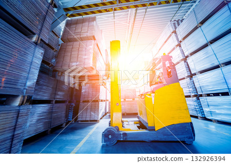 Forklift loader in storage warehouse ship yard. Distribution products. Forklift loader in storage warehouse ship yard. Distribution products. 132926394