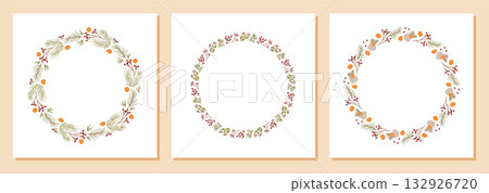 Flat xmas wreath with red berry and ornament in a circle composition. Pine branch and kraft box create a christmas gift accent. Modern holiday decor, festive border element, seasonal background. 132926720