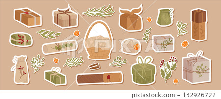 Rustic kraft cardboard box pack in flat green graphic style. Cardboard present and kraft package set show gift pack as modern xmas or holiday decor, versatile for festive use. Rustic kraft cardboard box pack in flat green graphic style. Cardboard present and kraft package set show gift pack as modern xmas or holiday decor, versatile for festive use. 132926722