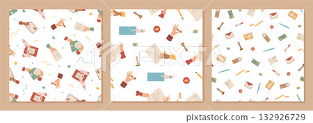 Flat seamless pattern mail set with letter, envelope, stamp, card, paper, handwritten note and pen. Seamless pattern mail arrangement in flat style for correspondence, stationery, creative 132926729