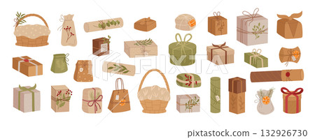 Set of vintage kraft gift box in brown flat design style. Eco package present and ribbon in xmas graphic set for holiday and surprise. Modern decorative product collection. 132926730