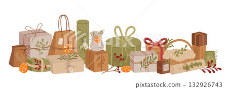 Rustic kraft gift box composition in flat green style. Holiday present and ribbon with xmas and graphic accent. Festive rustic decor, natural theme, ideal for seasonal or eco holiday concepts. 132926743