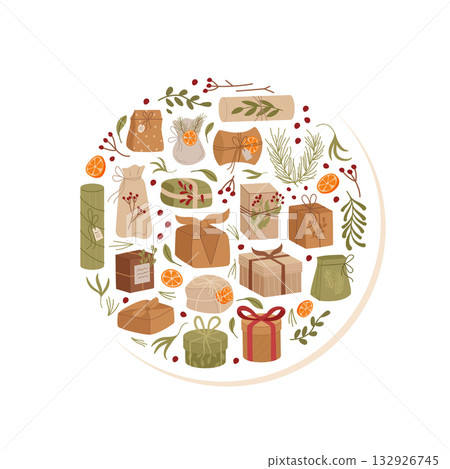 Rustic kraft gift box patch circle in flat style. Present with ribbon and holiday craft detail. Brown and green decor for gift, unique patch art, festive wrapper eco holiday container. Rustic kraft gift box patch circle in flat style. Present with ribbon and holiday craft detail. Brown and green decor for gift, unique patch art, festive wrapper eco holiday container. 132926745