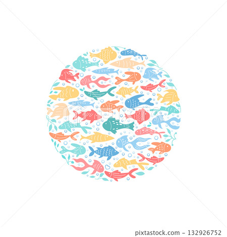 Round cartoon underwater concept with vibrant fish school sticker. Marine life in circular aquatic design creates an ocean pattern. Seamless sea circle with swimming creatures. 132926752