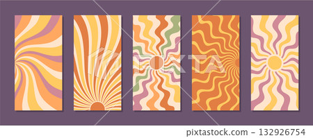 Retro groovy sun burst pattern set with wavy background, swirl and wave effect in orange and yellow. Y2k aesthetic combines sunshine sun shapes for a graphic with an energetic, modern vertical Retro groovy sun burst pattern set with wavy background, swirl and wave effect in orange and yellow. Y2k aesthetic combines sunshine sun shapes for a graphic with an energetic, modern vertical 132926754