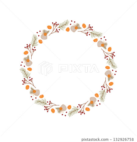 Flat round garland frame with pine and berry ornament as a border circle. Wreath with kraft box and red gift, modern graphic for new years theme, holiday decor background. Flat round garland frame with pine and berry ornament as a border circle. Wreath with kraft box and red gift, modern graphic for new years theme, holiday decor background. 132926758
